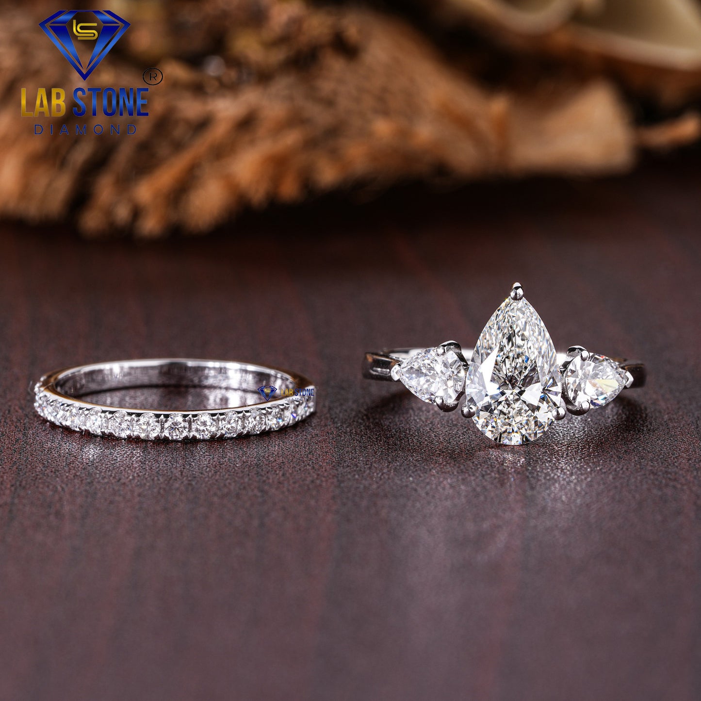 1.79 TDW Pear & Round Cut Women’s Three Stone Diamond Ring with Band