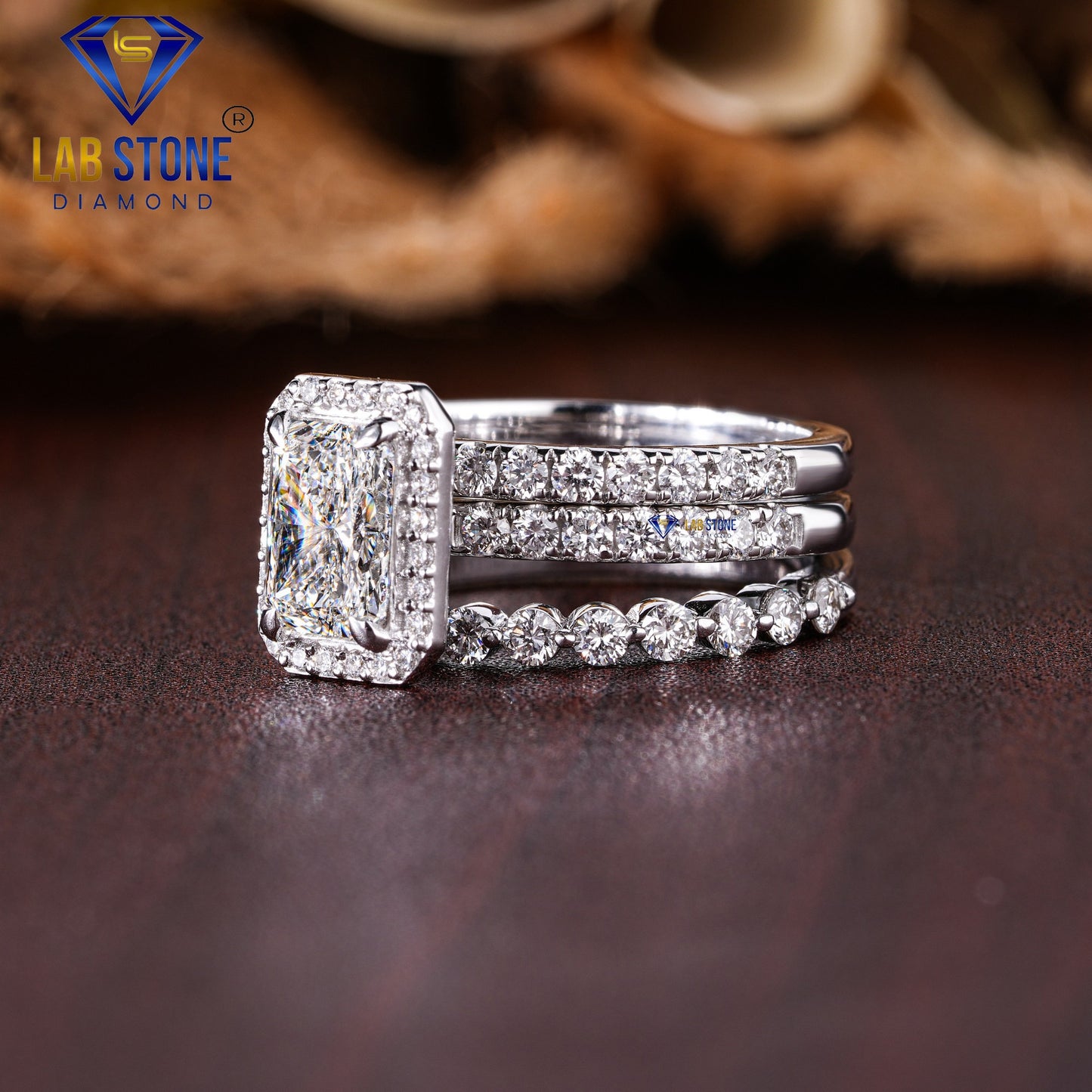 2.30 TDW Radiant & Round Cut Diamond Women’s Halo Ring with Bands