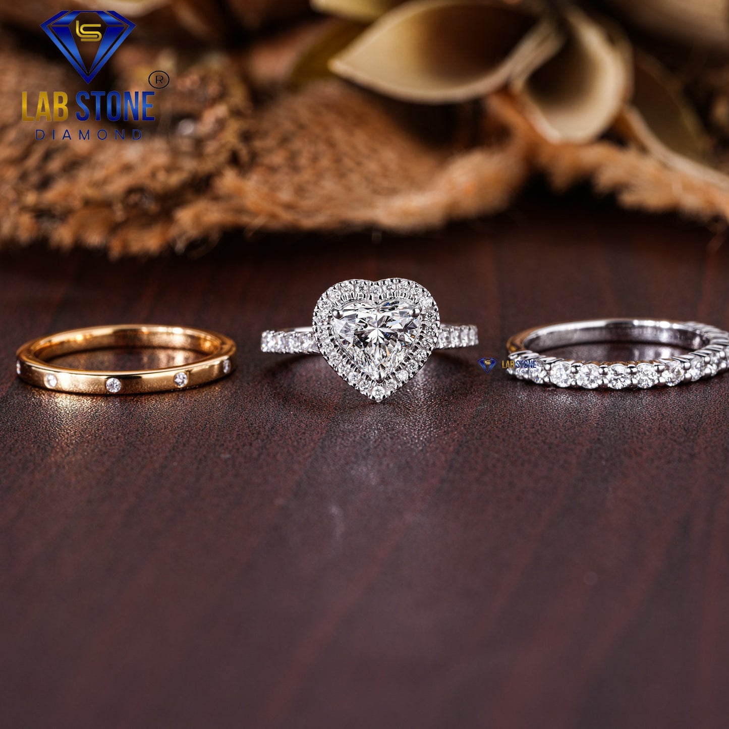 1.95 TDW Heart cut Diamond Women's Halo Ring with Round cut Diamond Bands