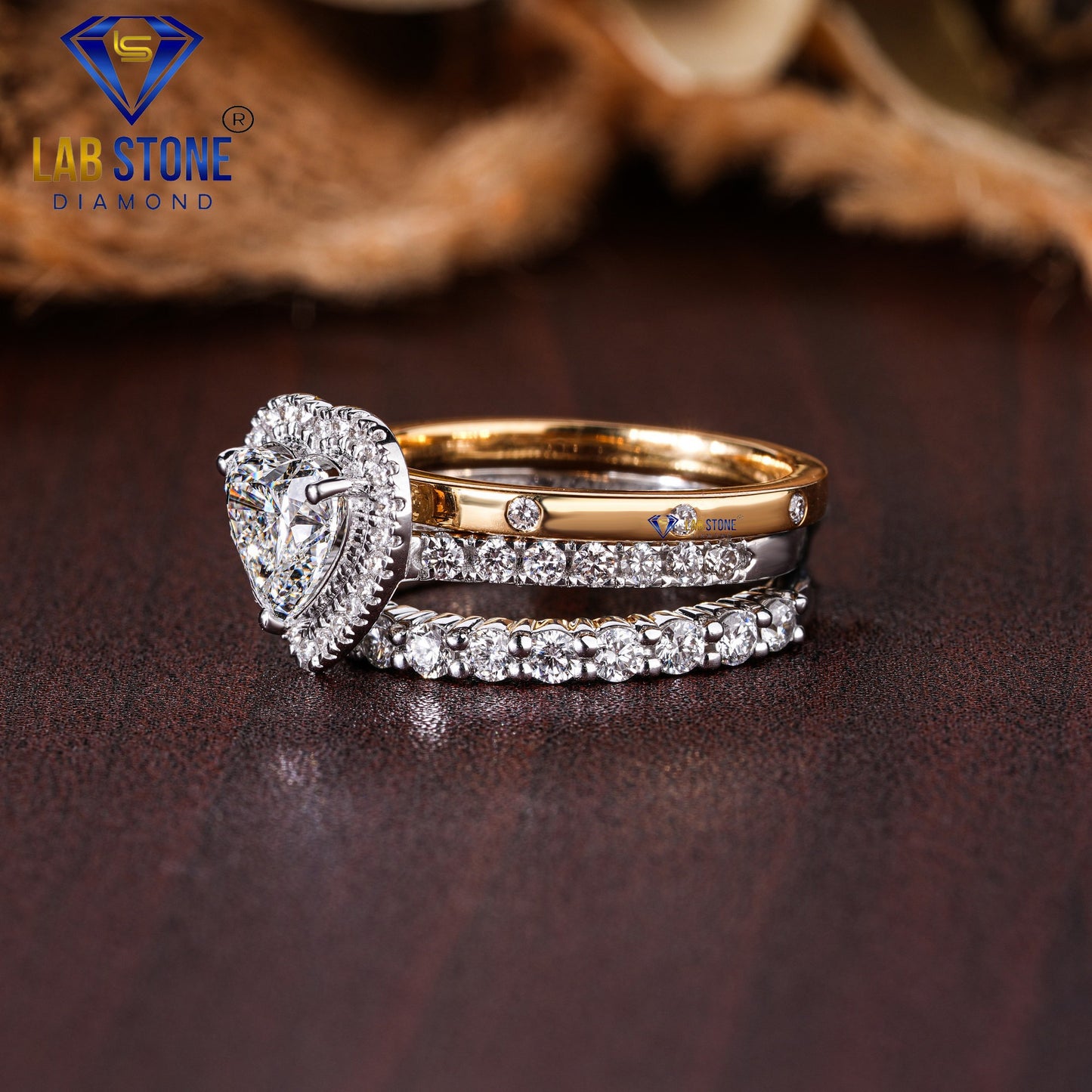 1.95 TDW Heart cut Diamond Women's Halo Ring with Round cut Diamond Bands