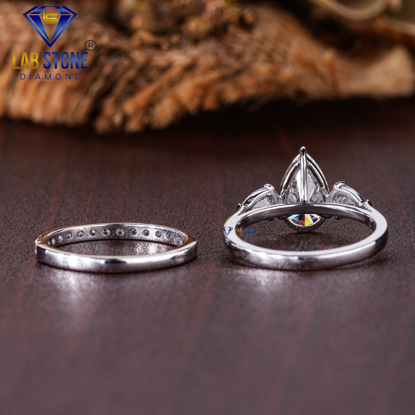 1.79 TDW Pear & Round Cut Women’s Three Stone Diamond Ring with Band