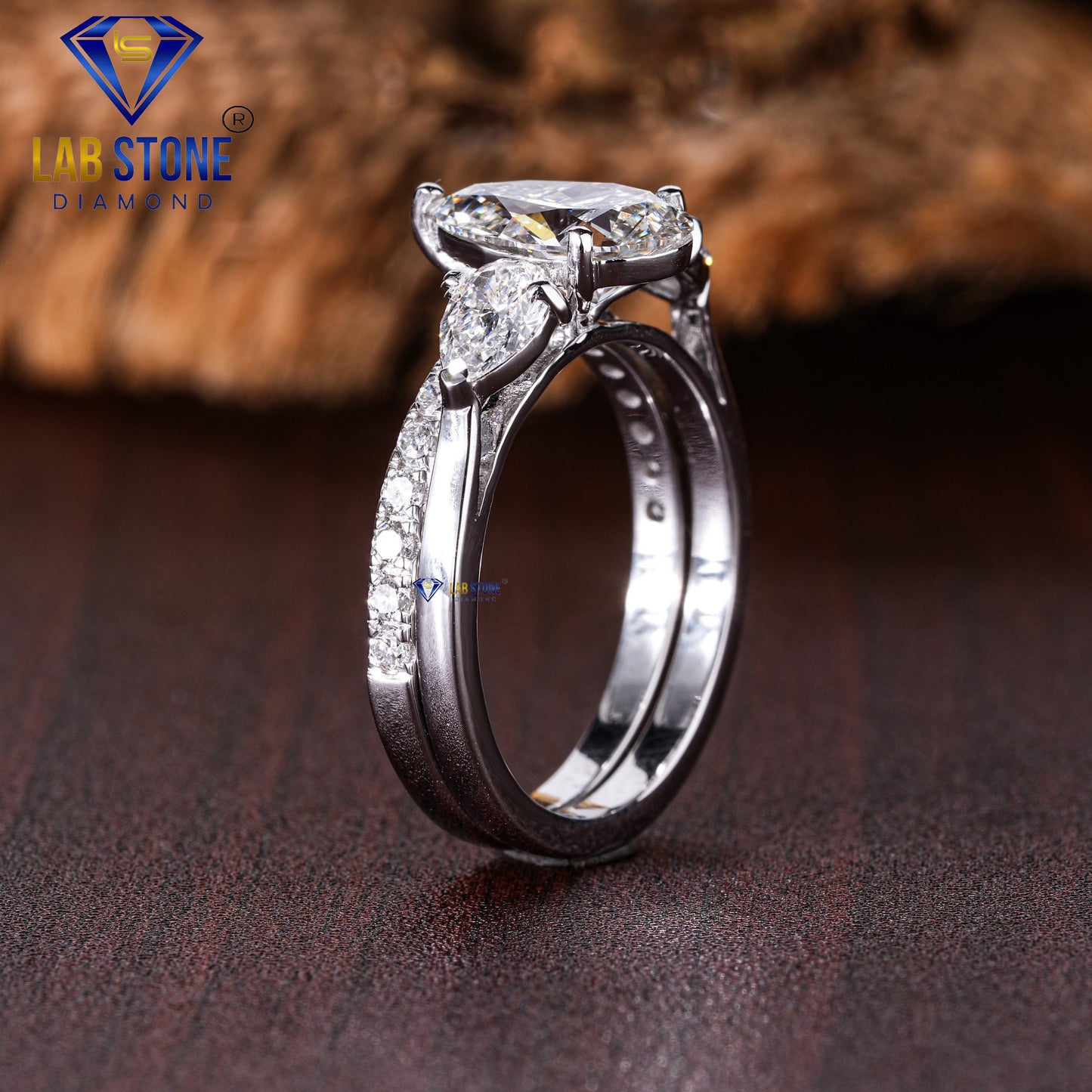 1.79 TDW Pear & Round Cut Women’s Three Stone Diamond Ring with Band