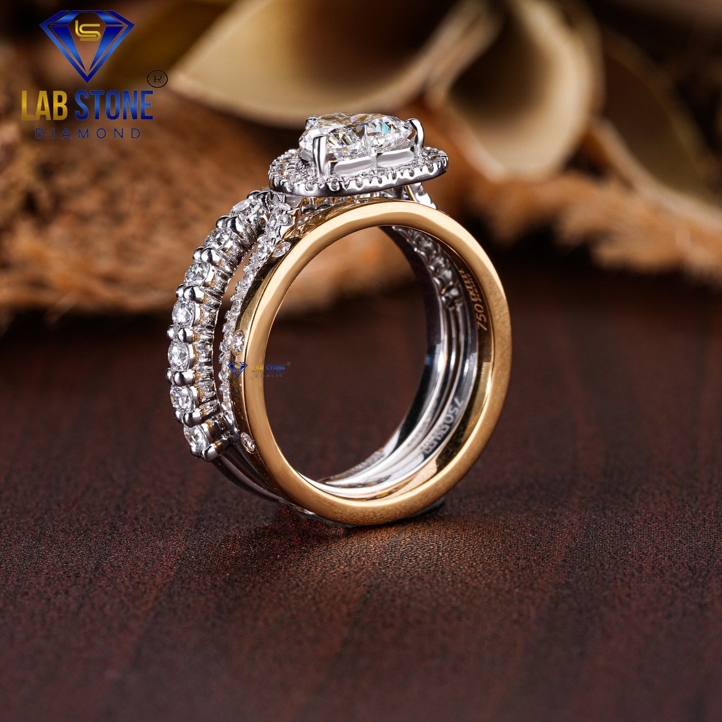 1.95 TDW Heart cut Diamond Women's Halo Ring with Round cut Diamond Bands