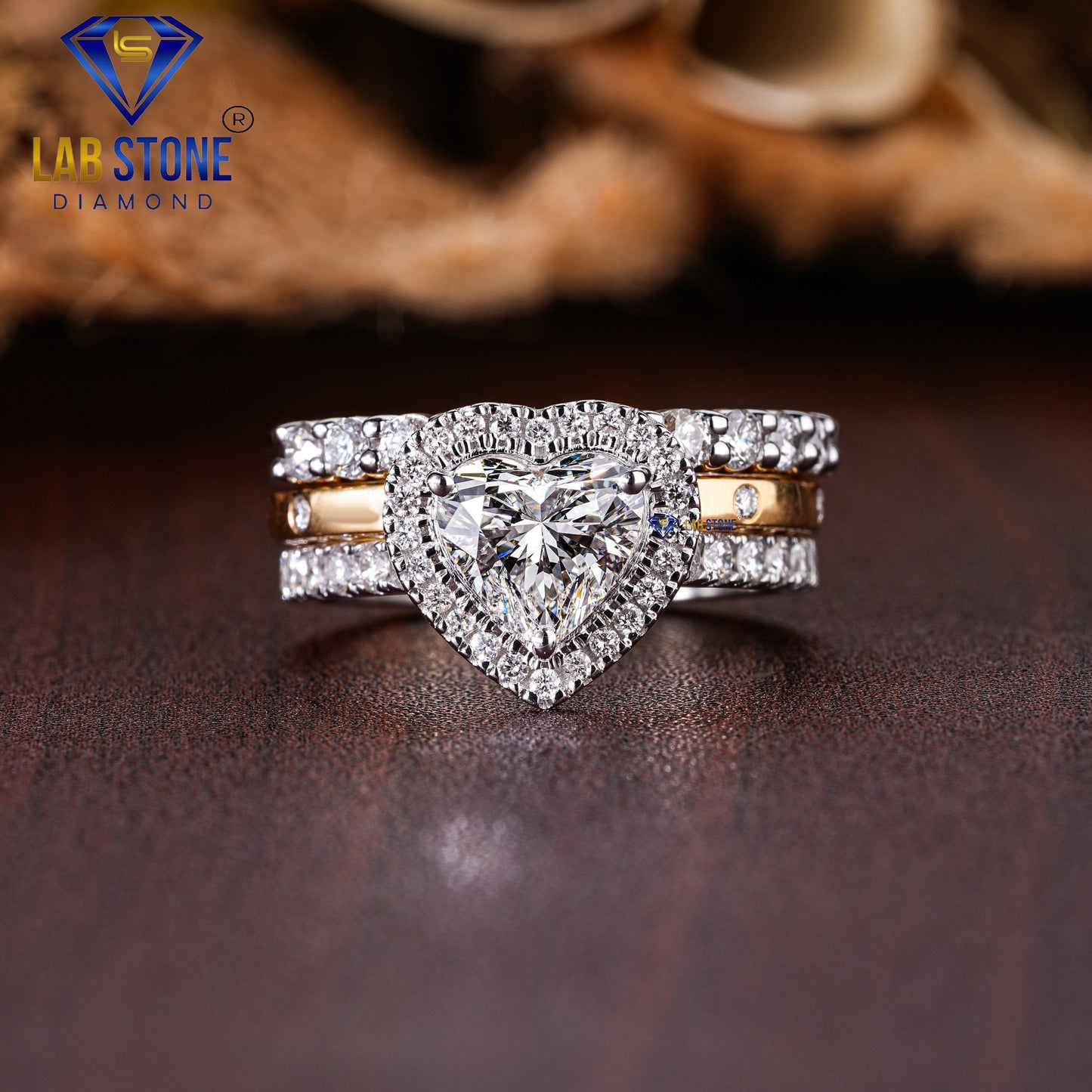 1.95 TDW Heart cut Diamond Women's Halo Ring with Round cut Diamond Bands
