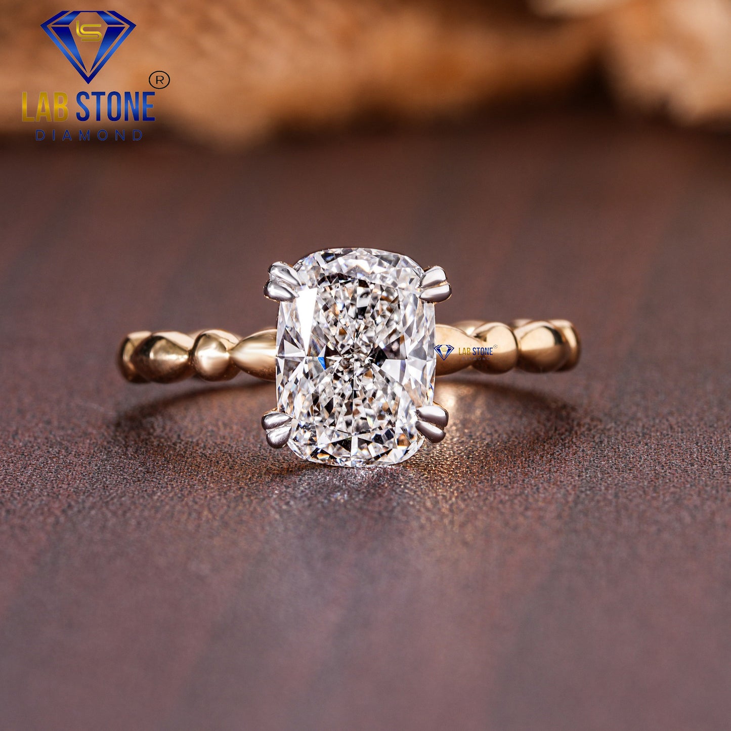 3.41 TDW Cushion and Round Cut Diamond Solitaire Ring