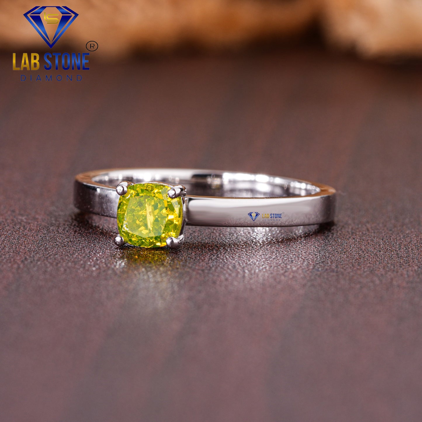 0.47 TDW Greenish Yellow Cushion Cut Diamond Women’s Solitaire Ring