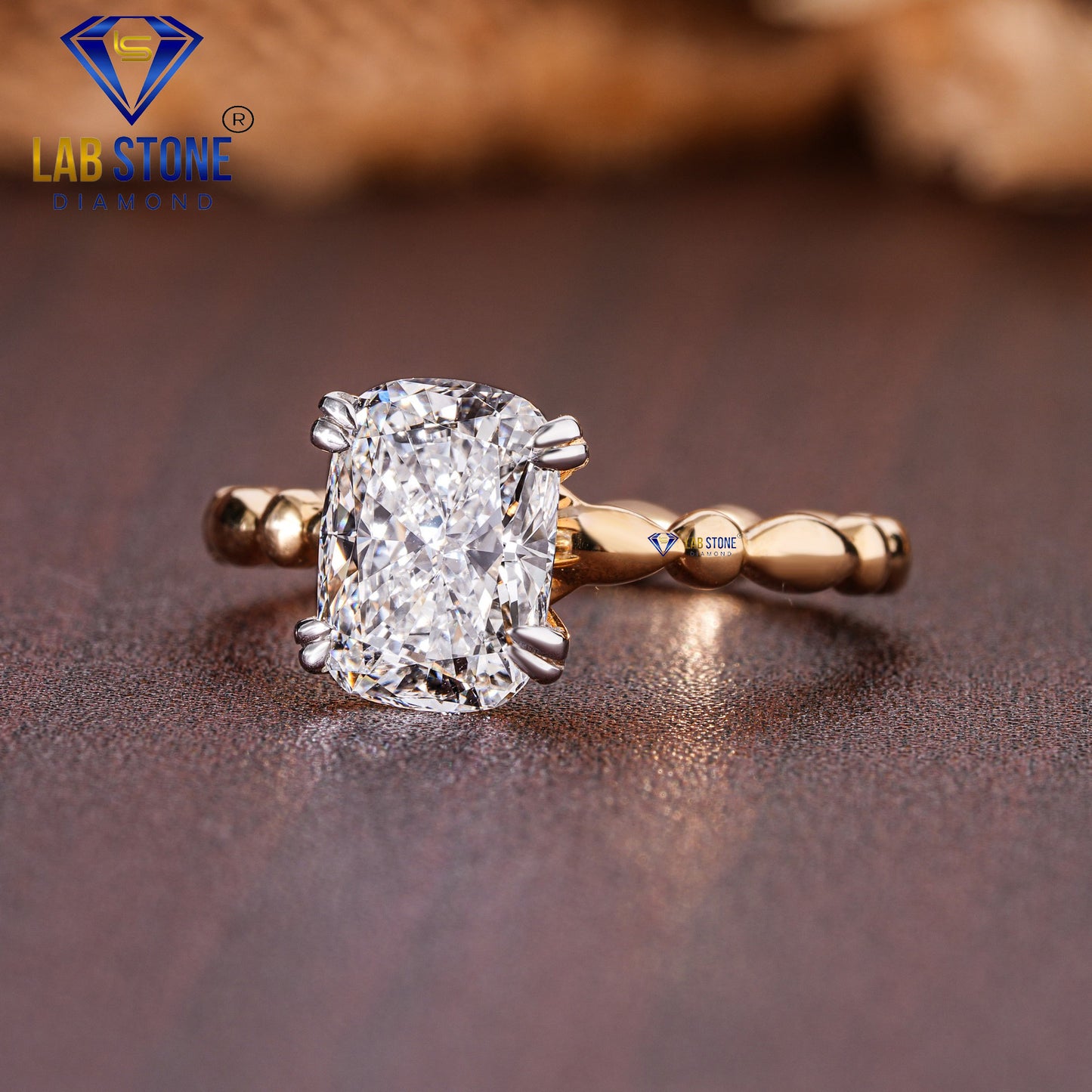 3.41 TDW Cushion and Round Cut Diamond Solitaire Ring