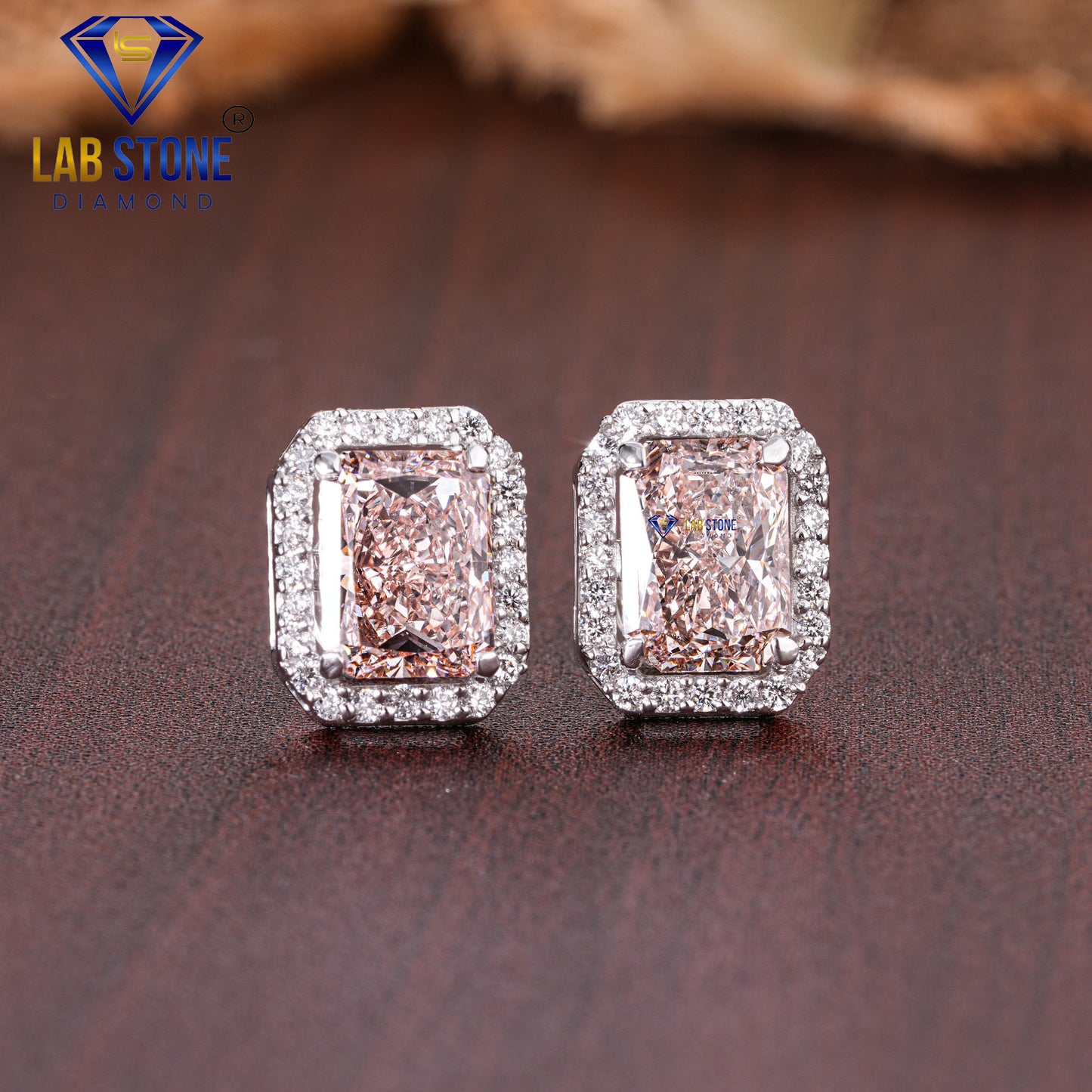 2.00 TDW Fancy Light Pink Radiant & Round Cut Diamond Stud Earring