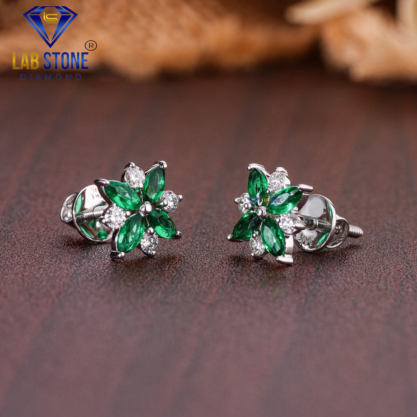 0.57 TDW Emerald Gemstone & Round Cut Diamond Stud Earring