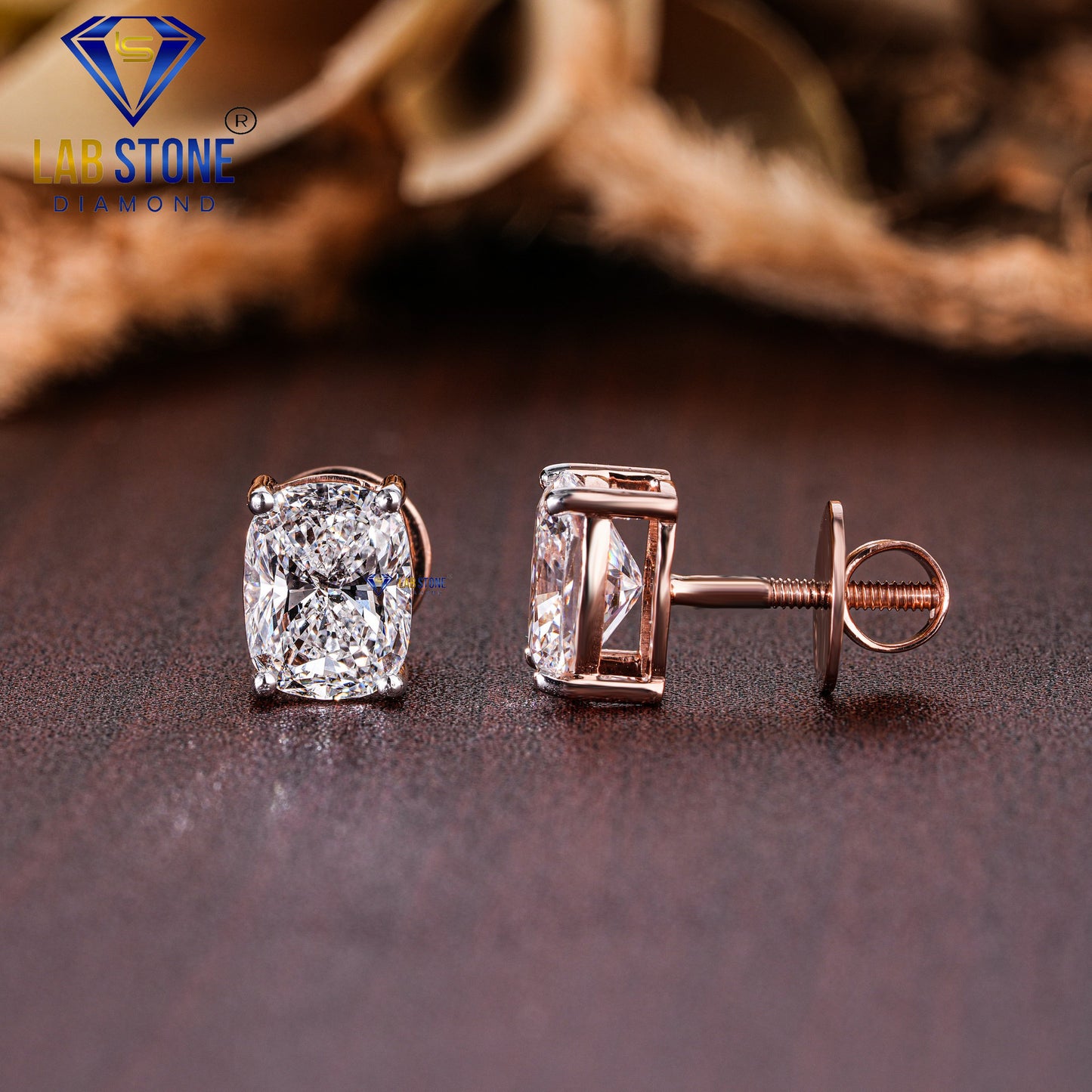 3.00 TDW Elongated Cushion Cut Diamond Solitaire Stud Earring