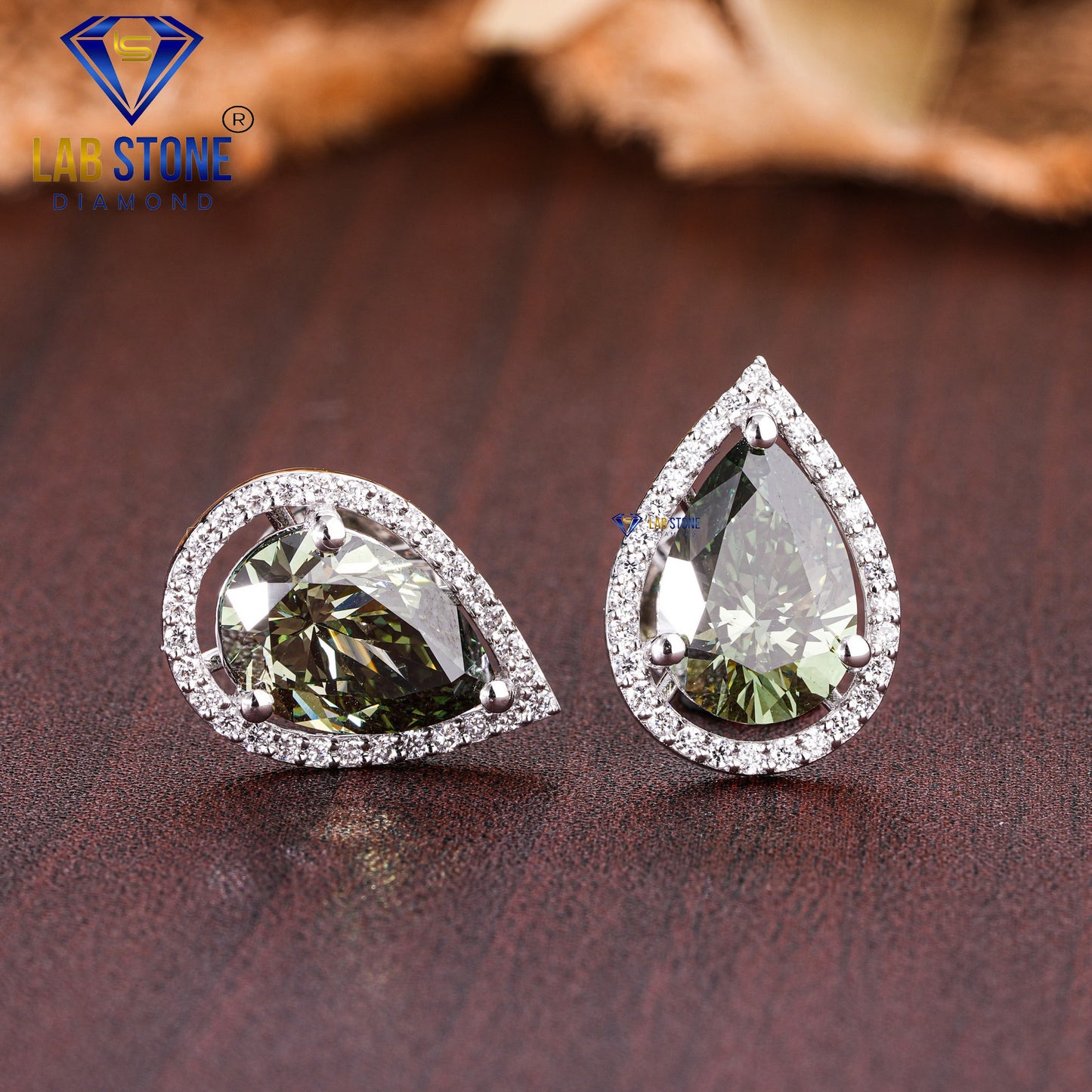 3.94 TDW Fancy Green Pear & Round Cut Diamond Stud Earring