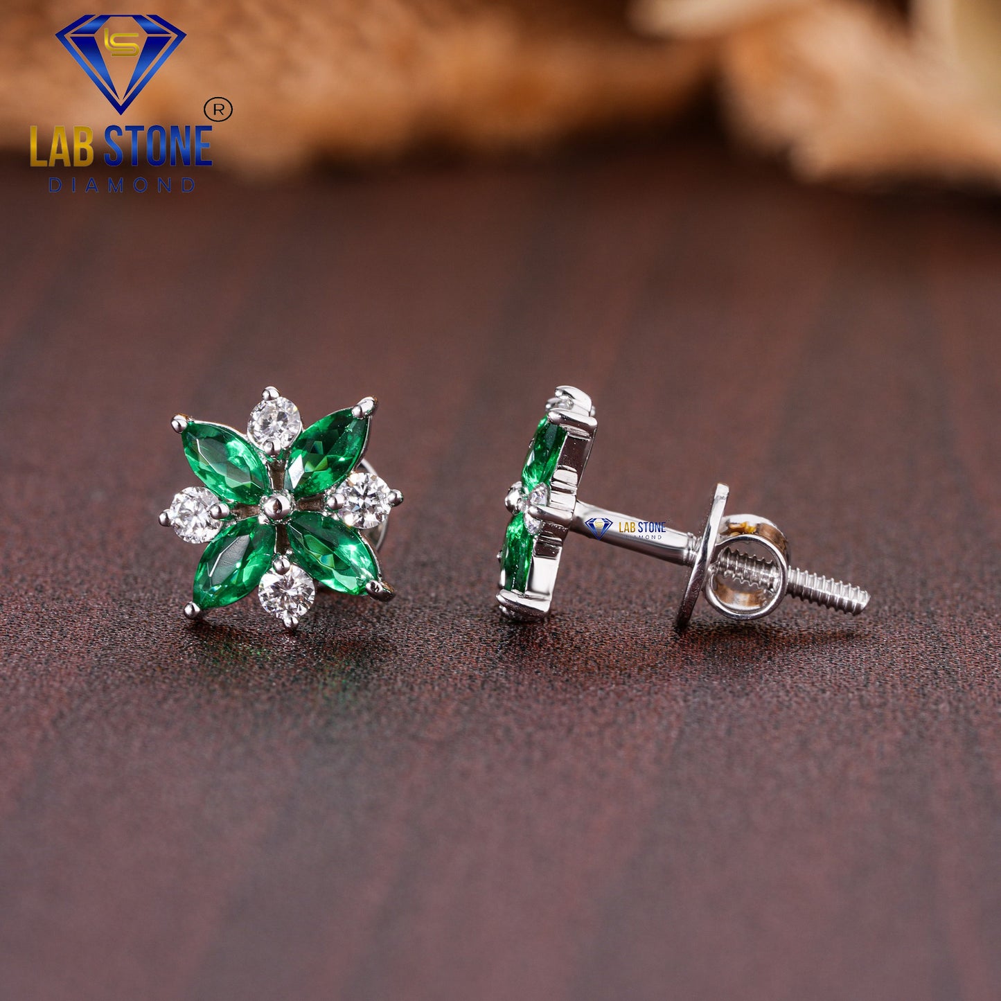 0.57 TDW Emerald Gemstone & Round Cut Diamond Stud Earring