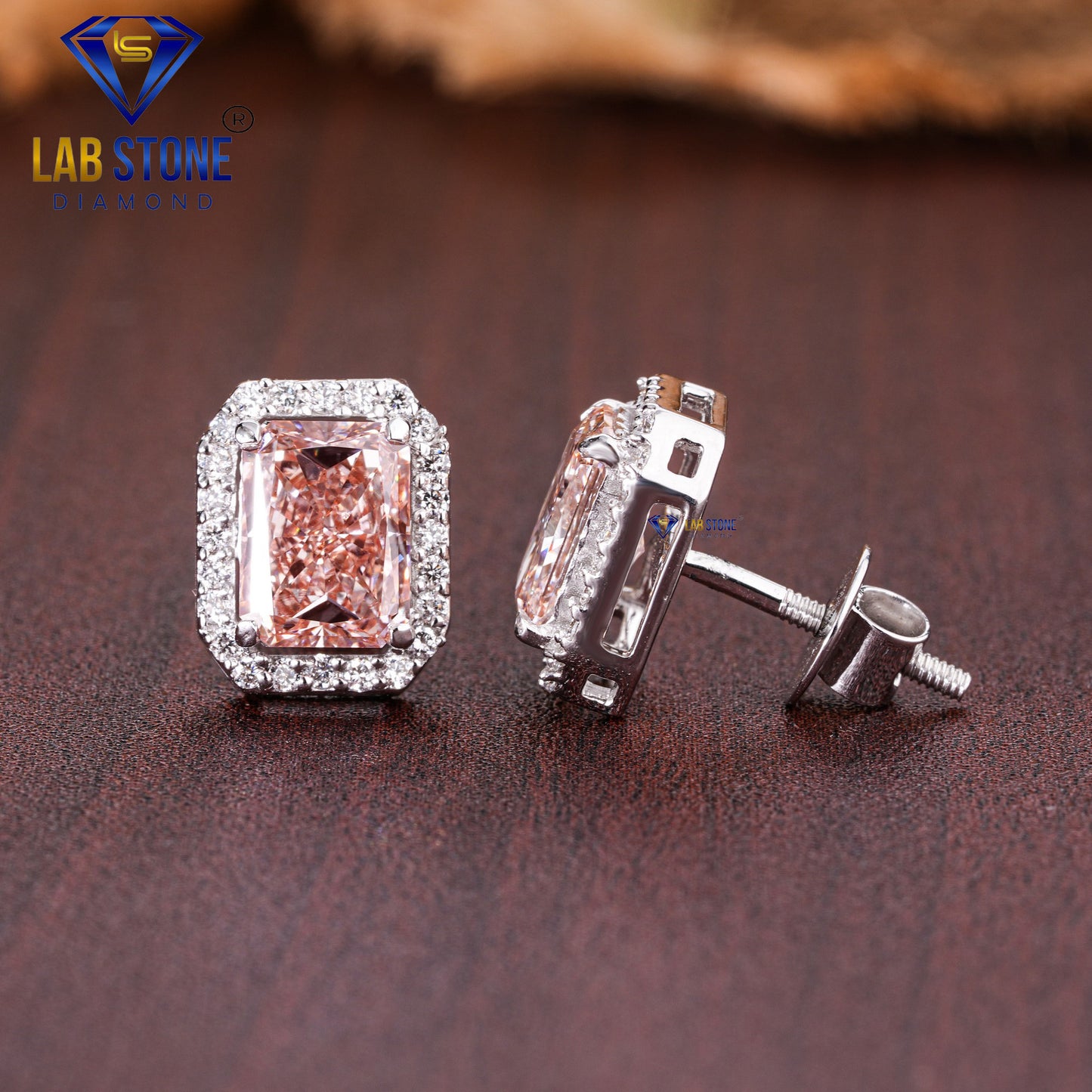 2.00 TDW Fancy Light Pink Radiant & Round Cut Diamond Stud Earring