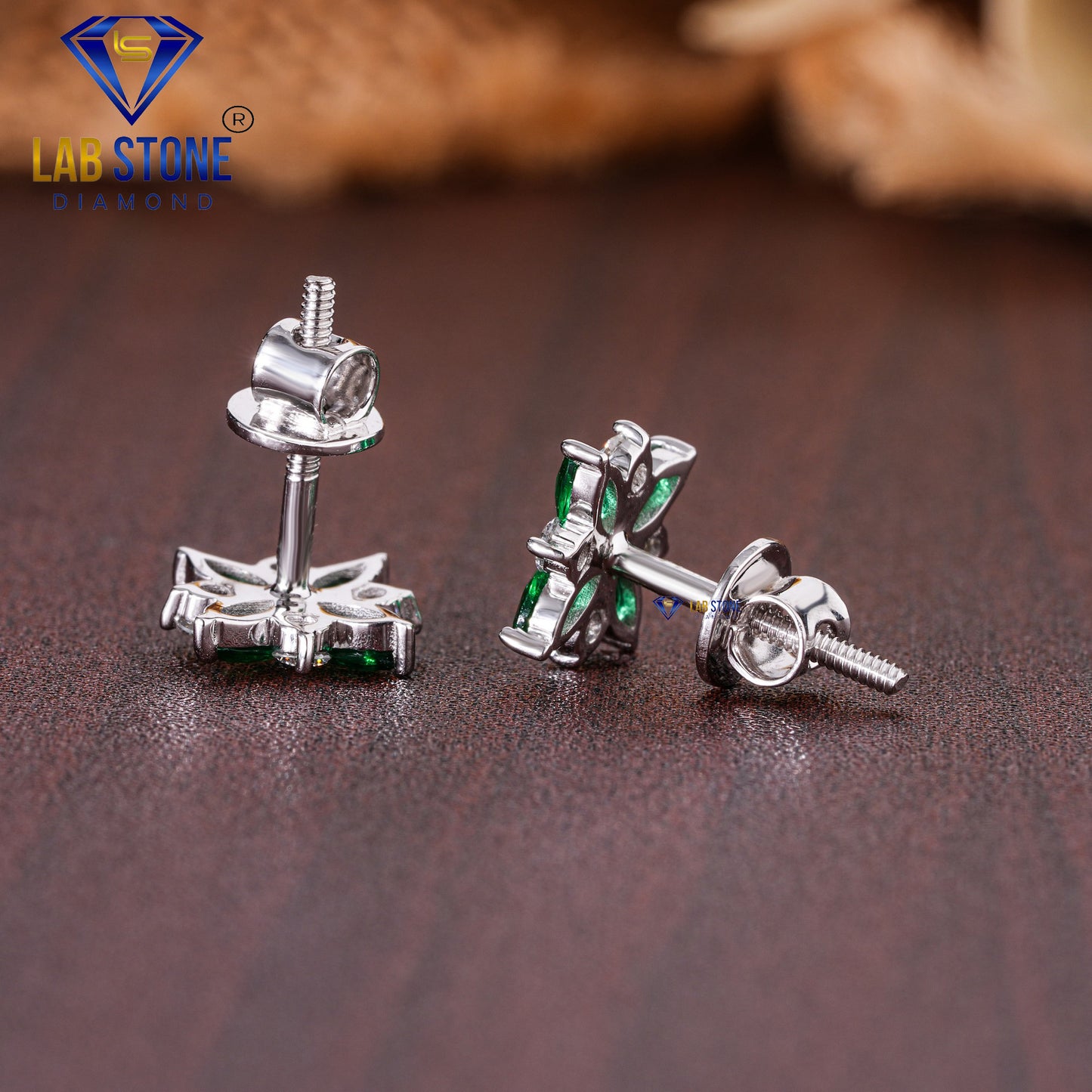 0.57 TDW Emerald Gemstone & Round Cut Diamond Stud Earring