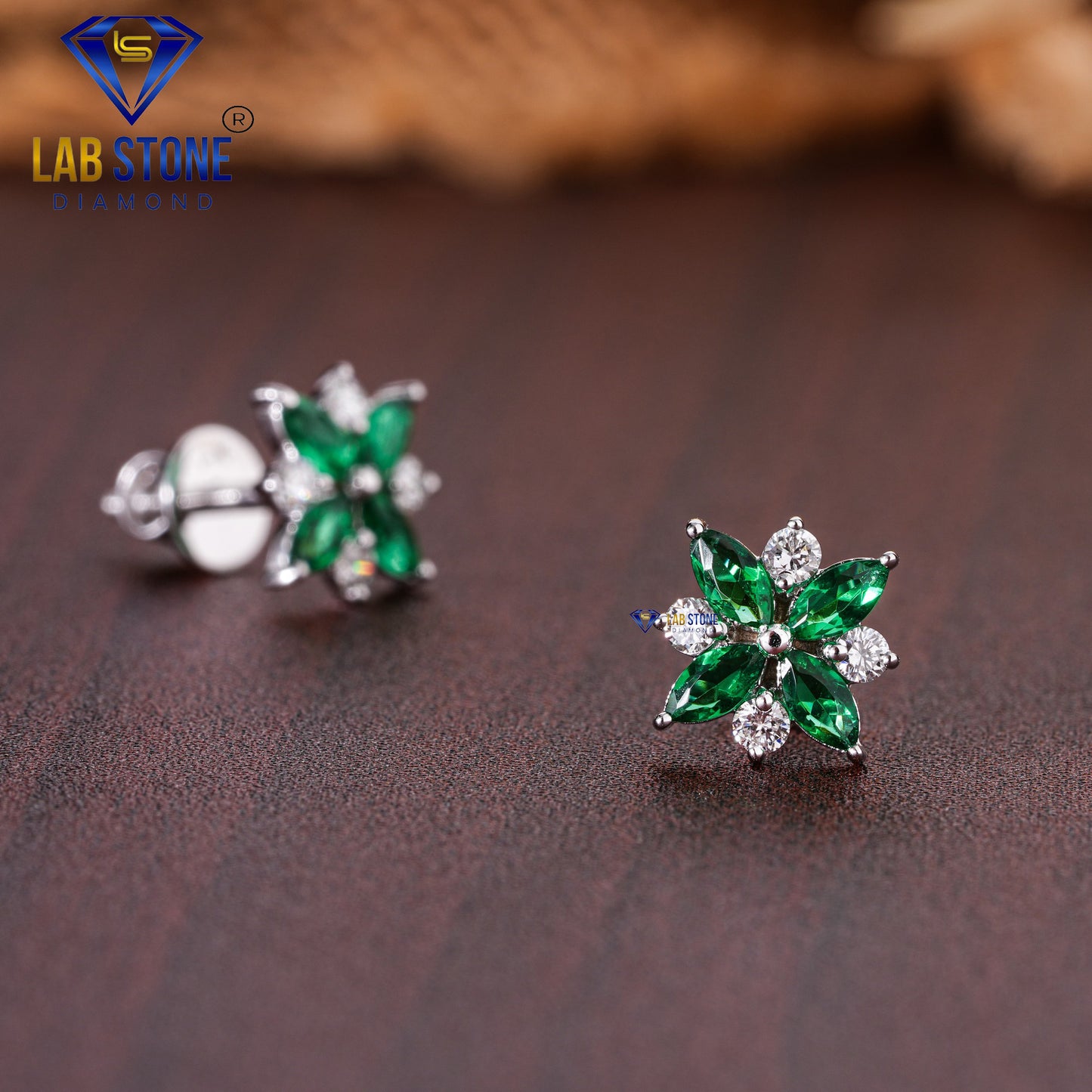 0.57 TDW Emerald Gemstone & Round Cut Diamond Stud Earring