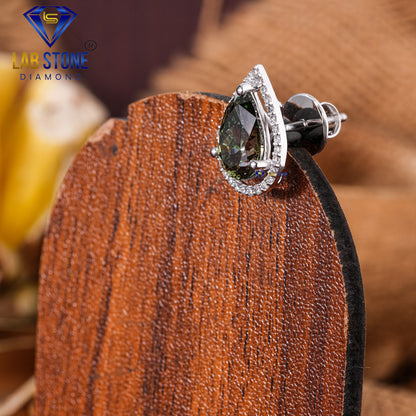 3.94 TDW Fancy Green Pear & Round Cut Diamond Stud Earring