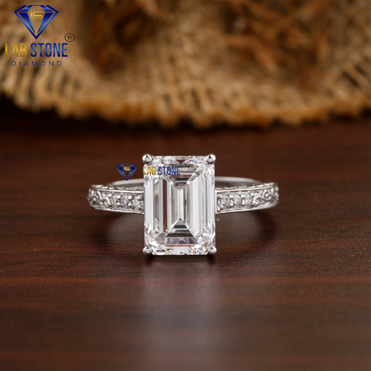 3.78 TDW Emerald & Round Cut Diamond Women's Engagement Ring