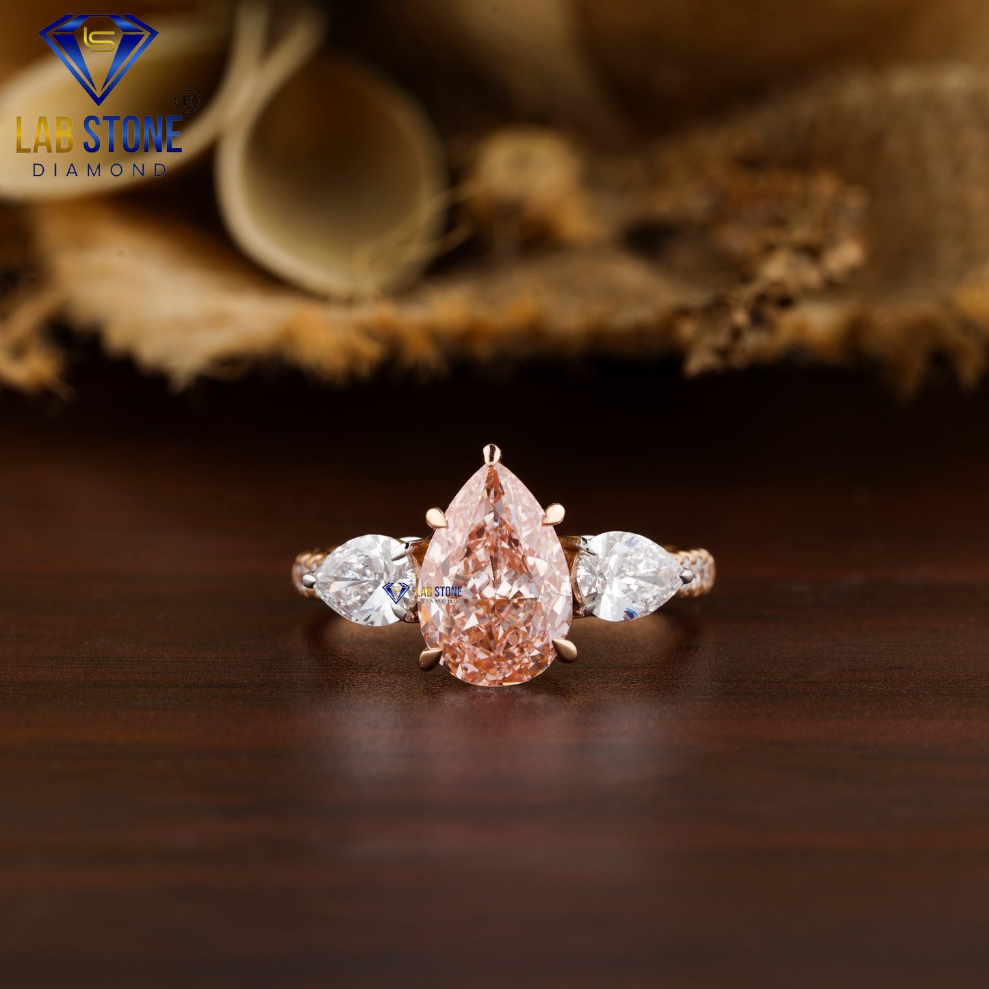 2.83 TDW Fancy Pink Pear & Round Cut Women’s Engagement Diamond Ring