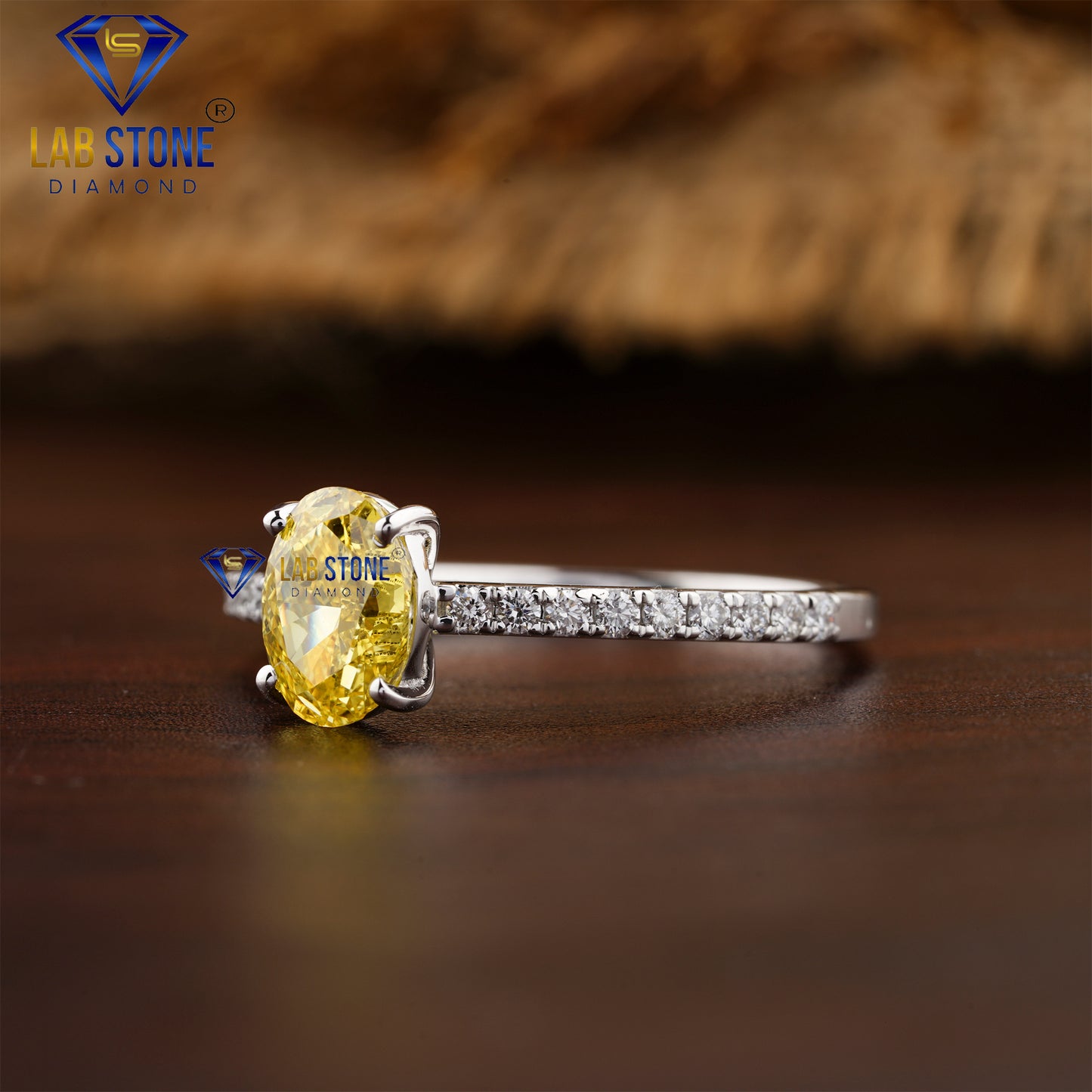1.22 TDW Fancy Yellow Oval & Round Cut Daimond Women’s Engagement Ring