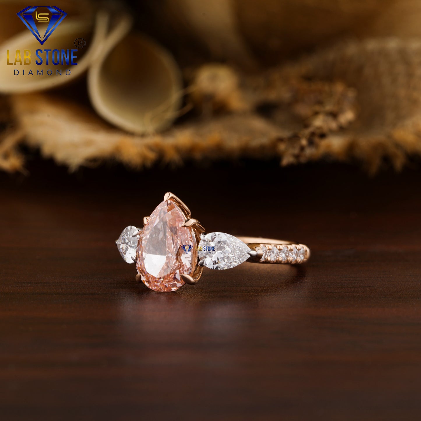 2.83 TDW Fancy Pink Pear & Round Cut Women’s Engagement Diamond Ring