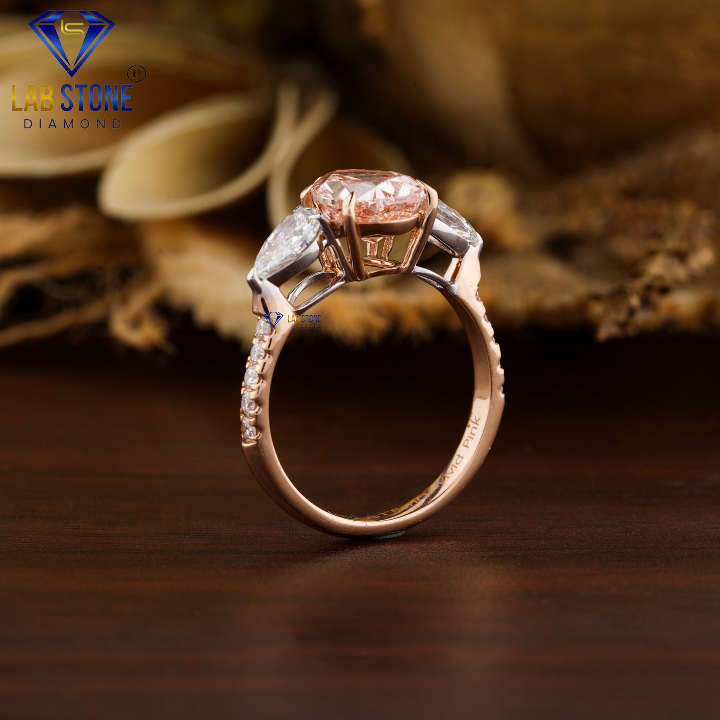 2.83 TDW Fancy Pink Pear & Round Cut Women’s Engagement Diamond Ring
