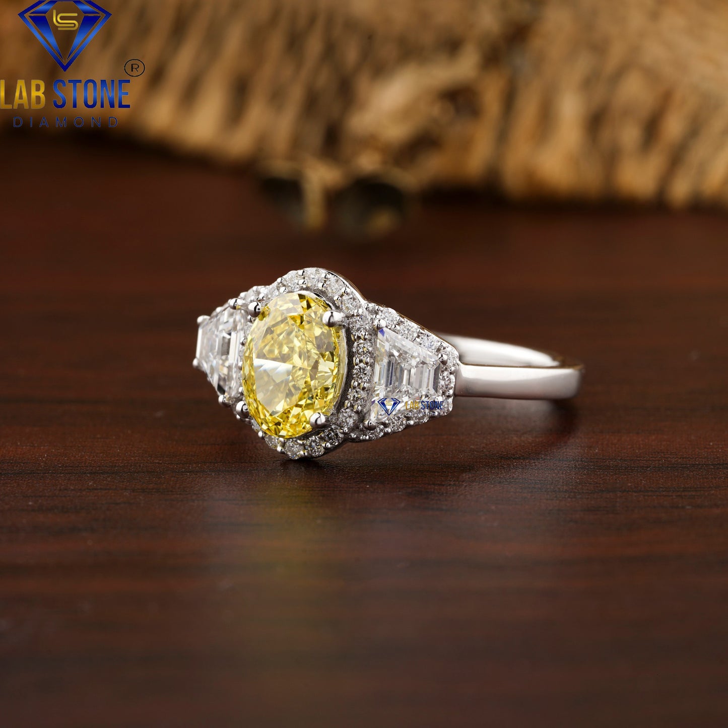 2.29 TDW F. Yellow Oval, Trapezoid & Round Cut Diamond Halo Ring
