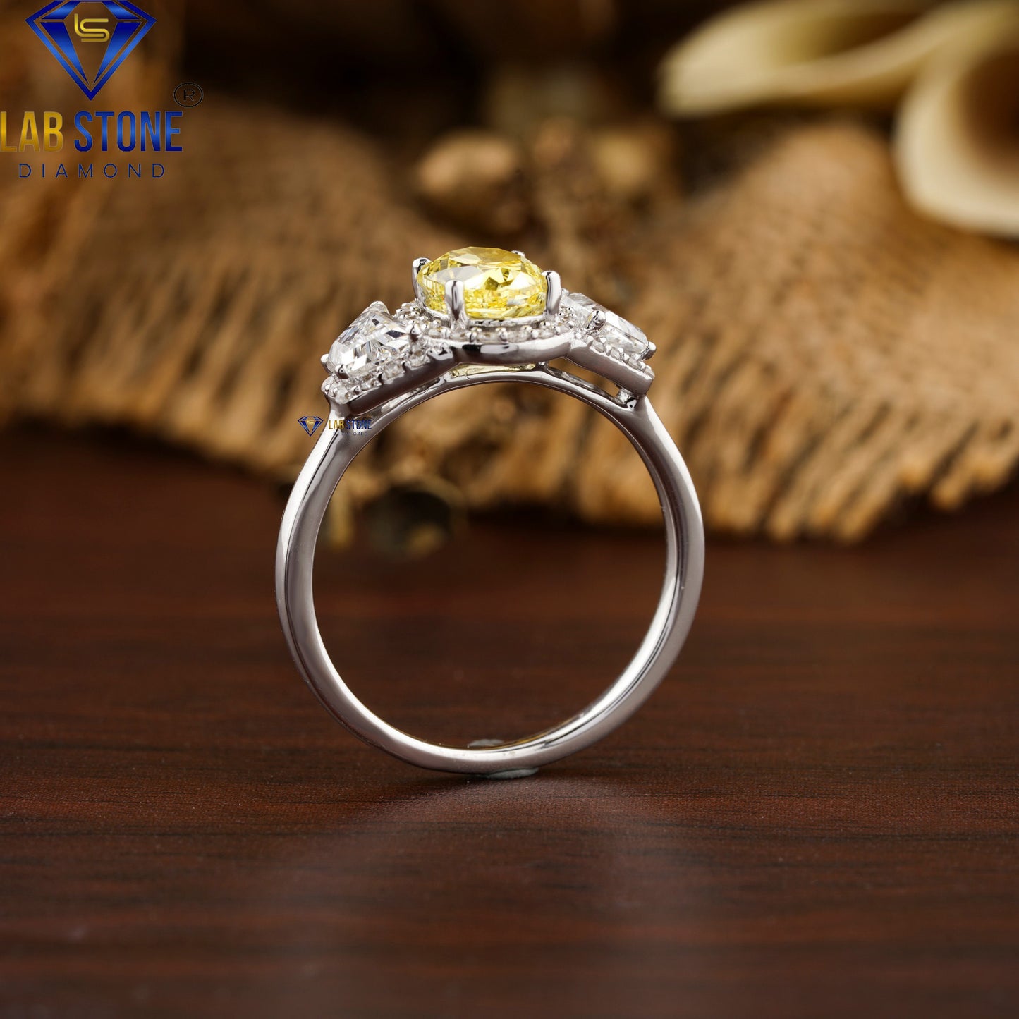 2.29 TDW F. Yellow Oval, Trapezoid & Round Cut Diamond Halo Ring
