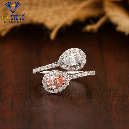 1.39 TDW Fancy Pink Pear & Round Cut Halo Diamond Ring for Women