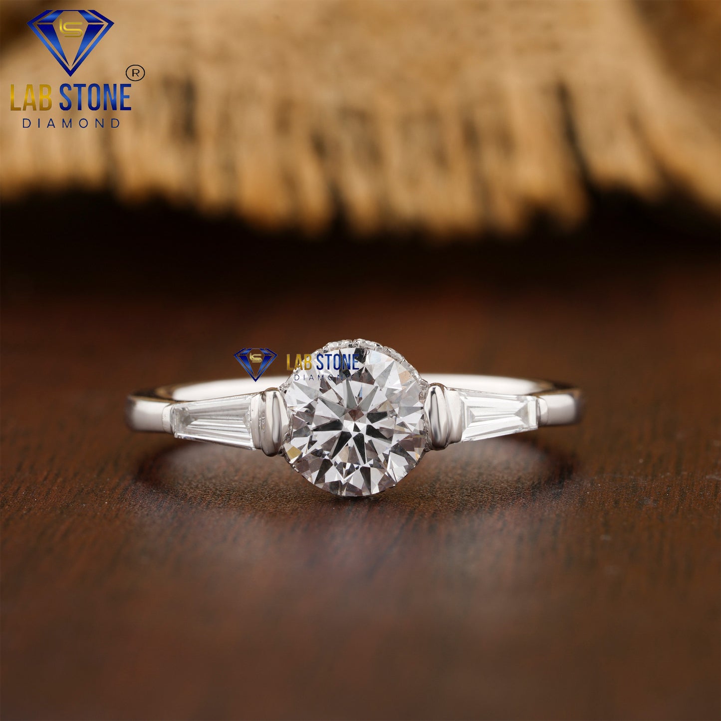 1.346 TDW Round & Tapered Baguette Cut Diamond Women's three stone Ring