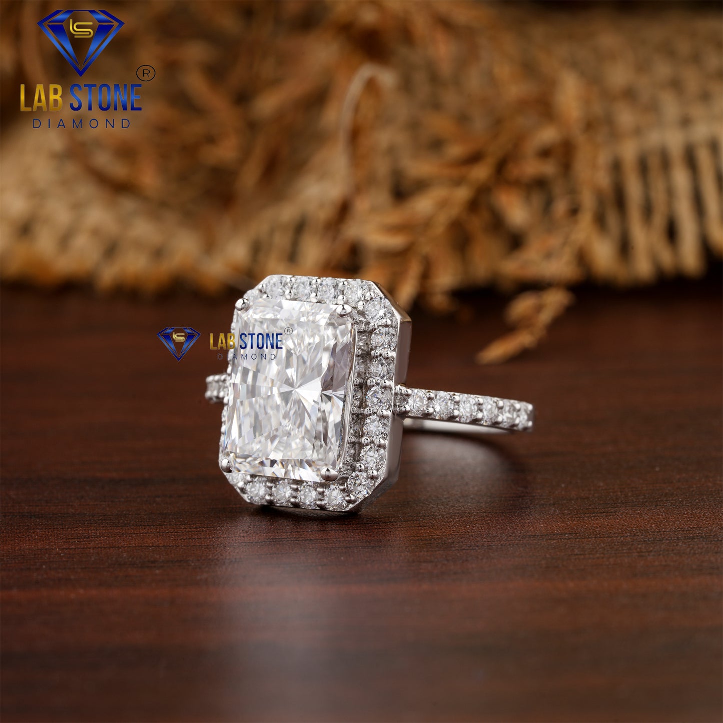 3.78 TDW Radiant and Round Cut Diamond Halo Ring