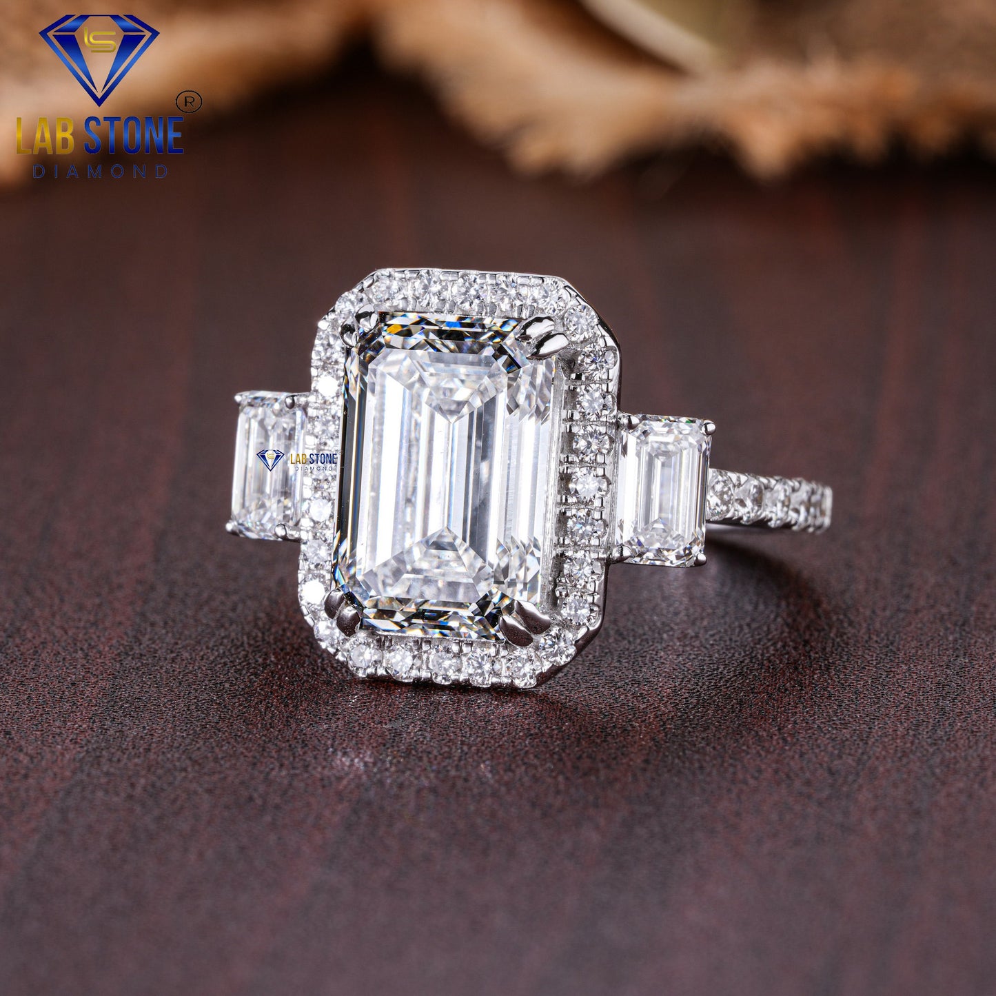 Emerald & Round Cut Diamond Halo Ring, 7.77 TDW