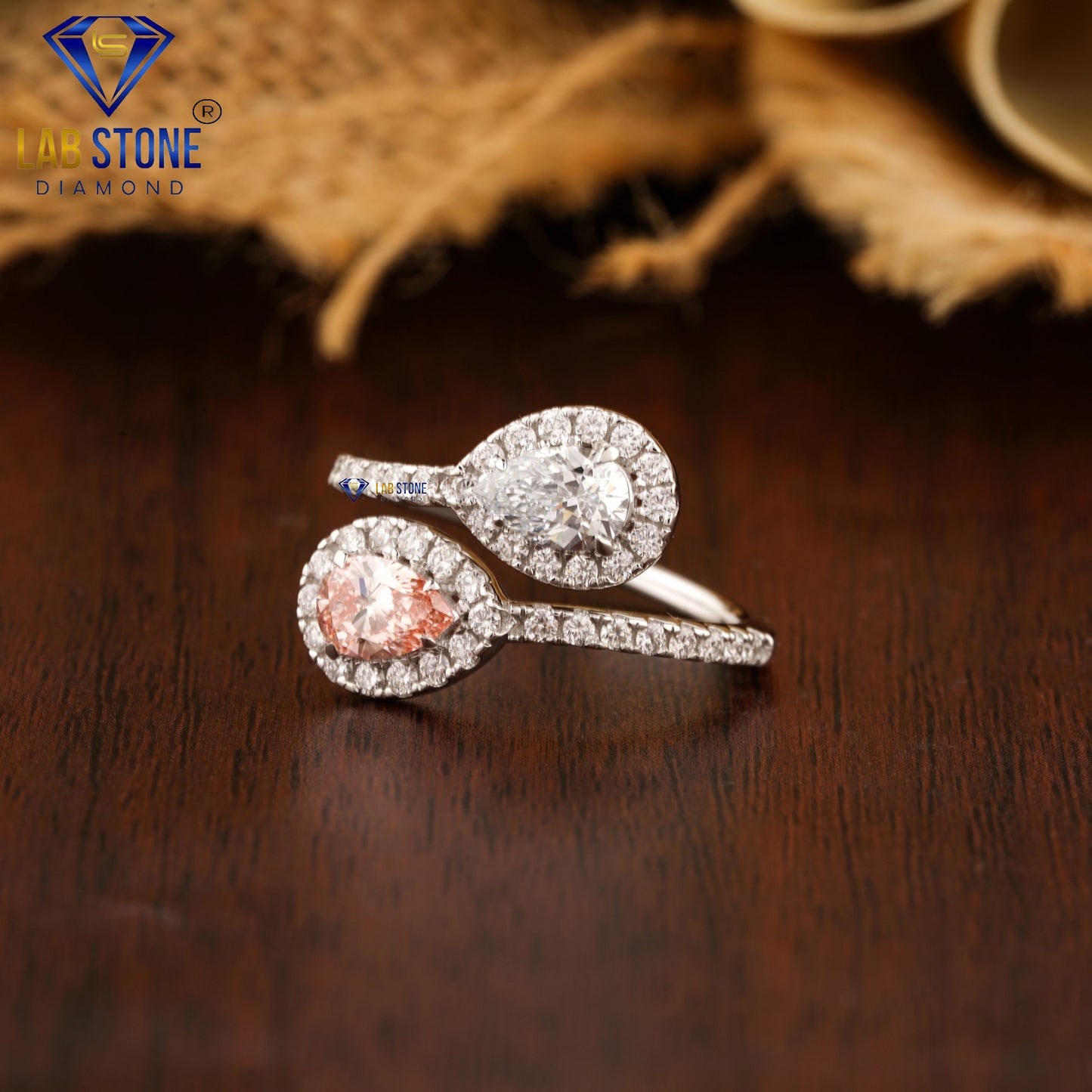 1.39 TDW Fancy Pink Pear & Round Cut Halo Diamond Ring for Women