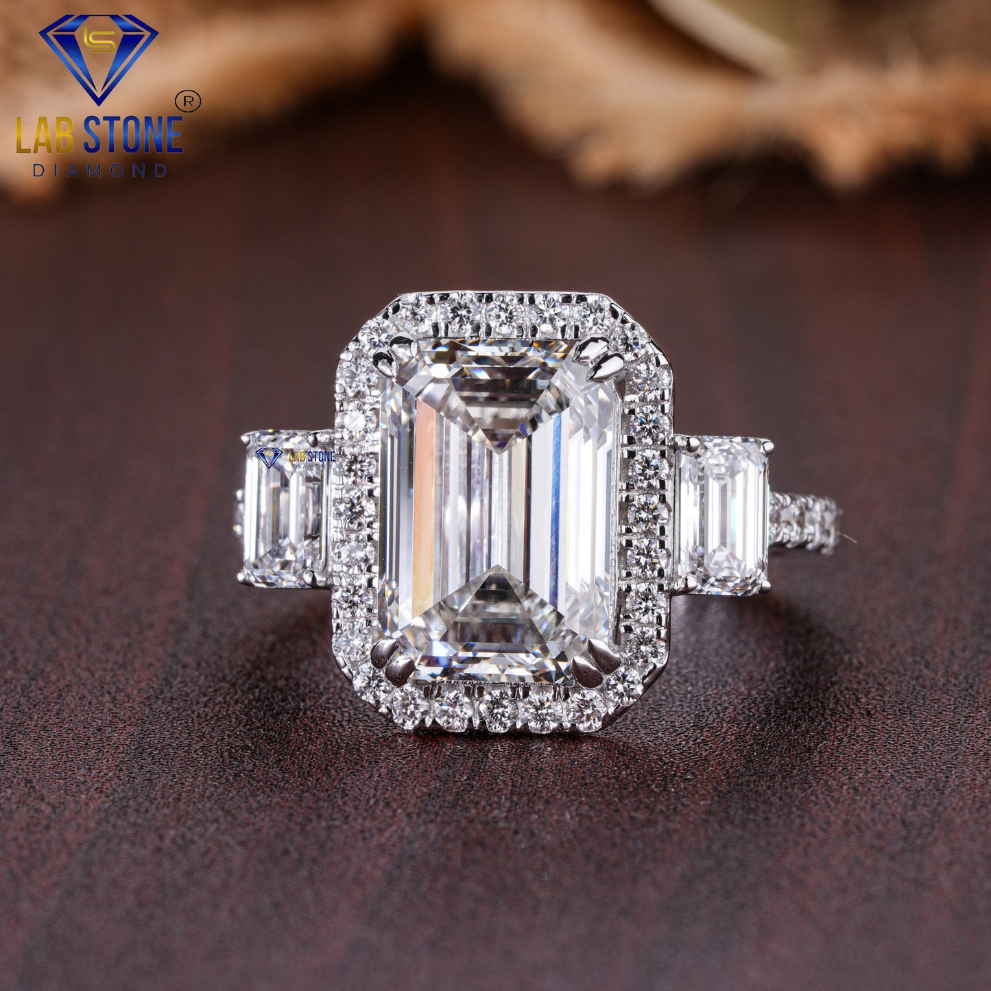 Emerald & Round Cut Diamond Halo Ring, 7.77 TDW