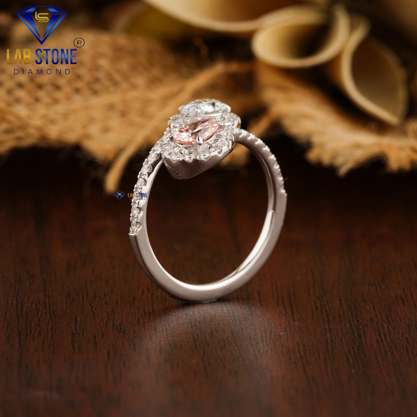 1.39 TDW Fancy Pink Pear & Round Cut Halo Diamond Ring for Women