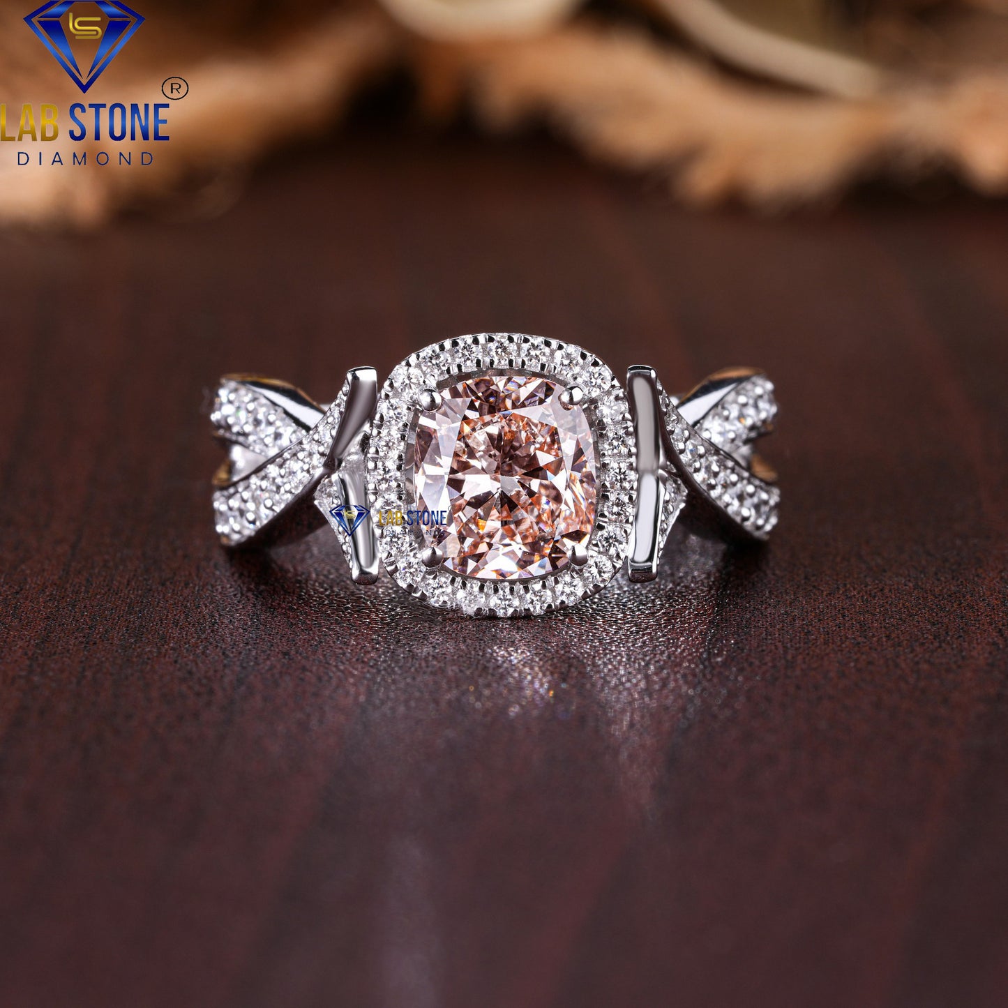 2.65 TDW Fancy Pink Cushion & Round Cut Diamond Women's Engagement Ring