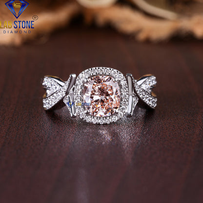2.65 TDW Fancy Pink Cushion & Round Cut Diamond Women's Engagement Ring