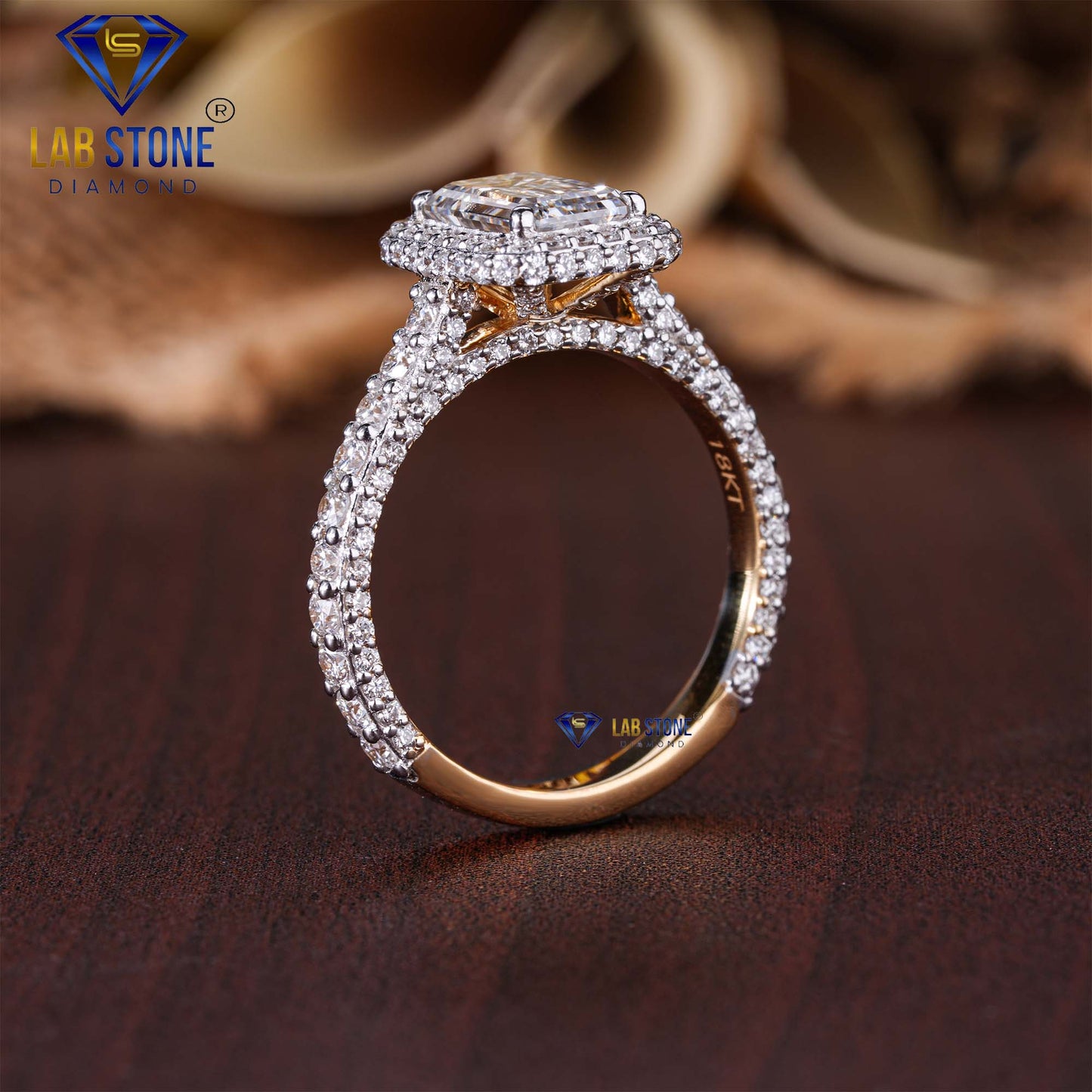 3.08 TDW Emerald & Round Cut Diamond Women's Halo Ring