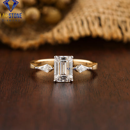 1.93 TDW Emerald and Kite Cut Three Stone Diamond Ring for Women