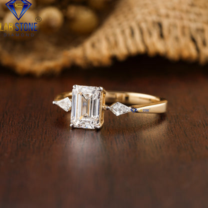 1.93 TDW Emerald and Kite Cut Three Stone Diamond Ring for Women