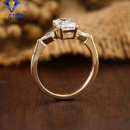 1.93 TDW Emerald and Kite Cut Three Stone Diamond Ring for Women