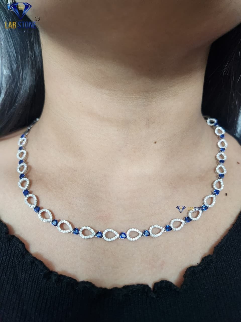 3.059 TDW Blue Pear Gemstone & Diamond Charm Necklace Set