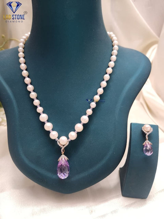 1.005 TDW Purple Pearl & Round Cut Diamond Charm Necklace Set