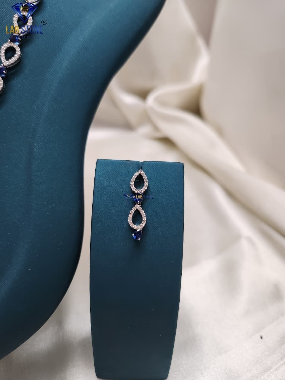 3.059 TDW Blue Pear Gemstone & Diamond Charm Necklace Set