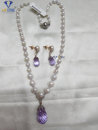 1.005 TDW Purple Pearl & Round Cut Diamond Charm Necklace Set