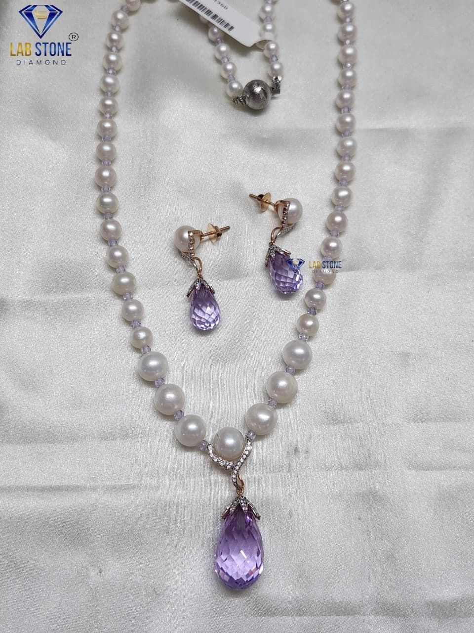 1.005 TDW Purple Pearl & Round Cut Diamond Charm Necklace Set