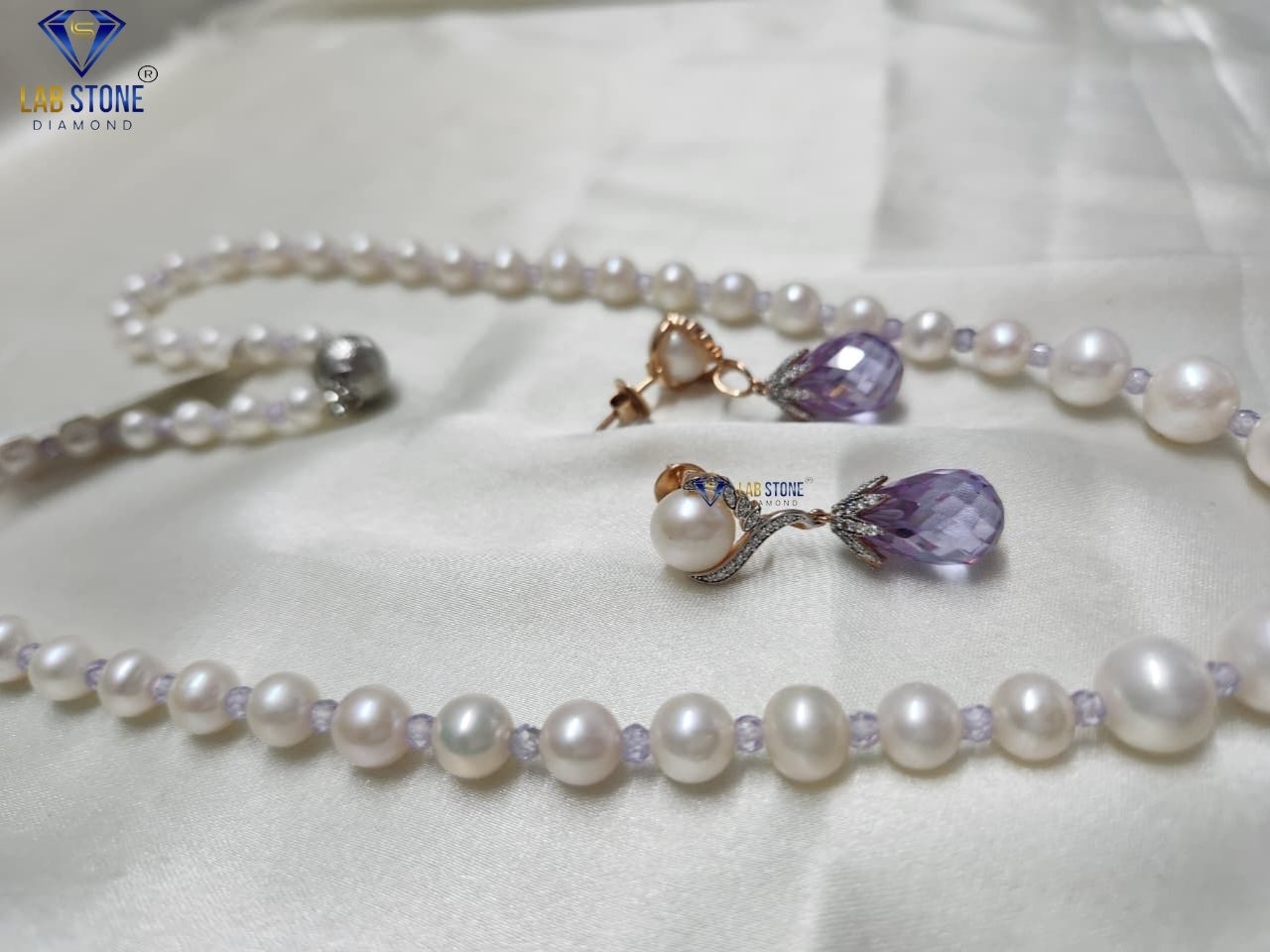 1.005 TDW Purple Pearl & Round Cut Diamond Charm Necklace Set