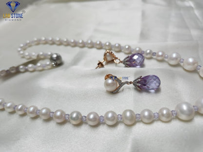 1.005 TDW Purple Pearl & Round Cut Diamond Charm Necklace Set