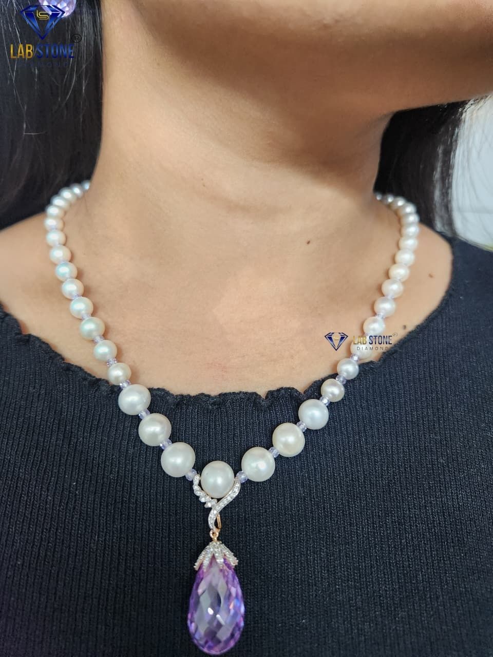 1.005 TDW Purple Pearl & Round Cut Diamond Charm Necklace Set