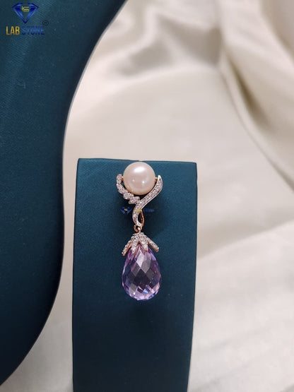 1.005 TDW Purple Pearl & Round Cut Diamond Charm Necklace Set