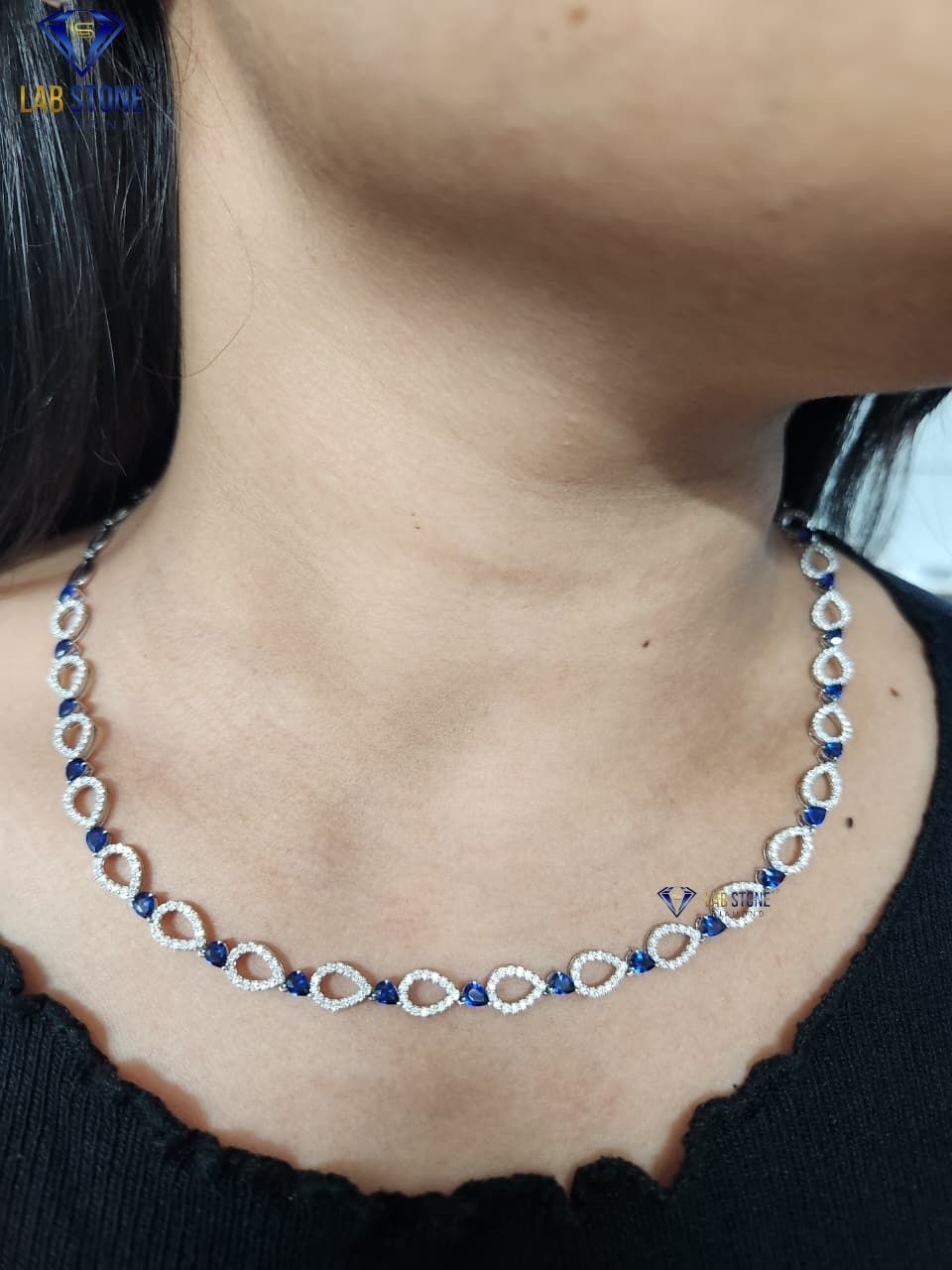 3.059 TDW Blue Pear Gemstone & Diamond Charm Necklace Set